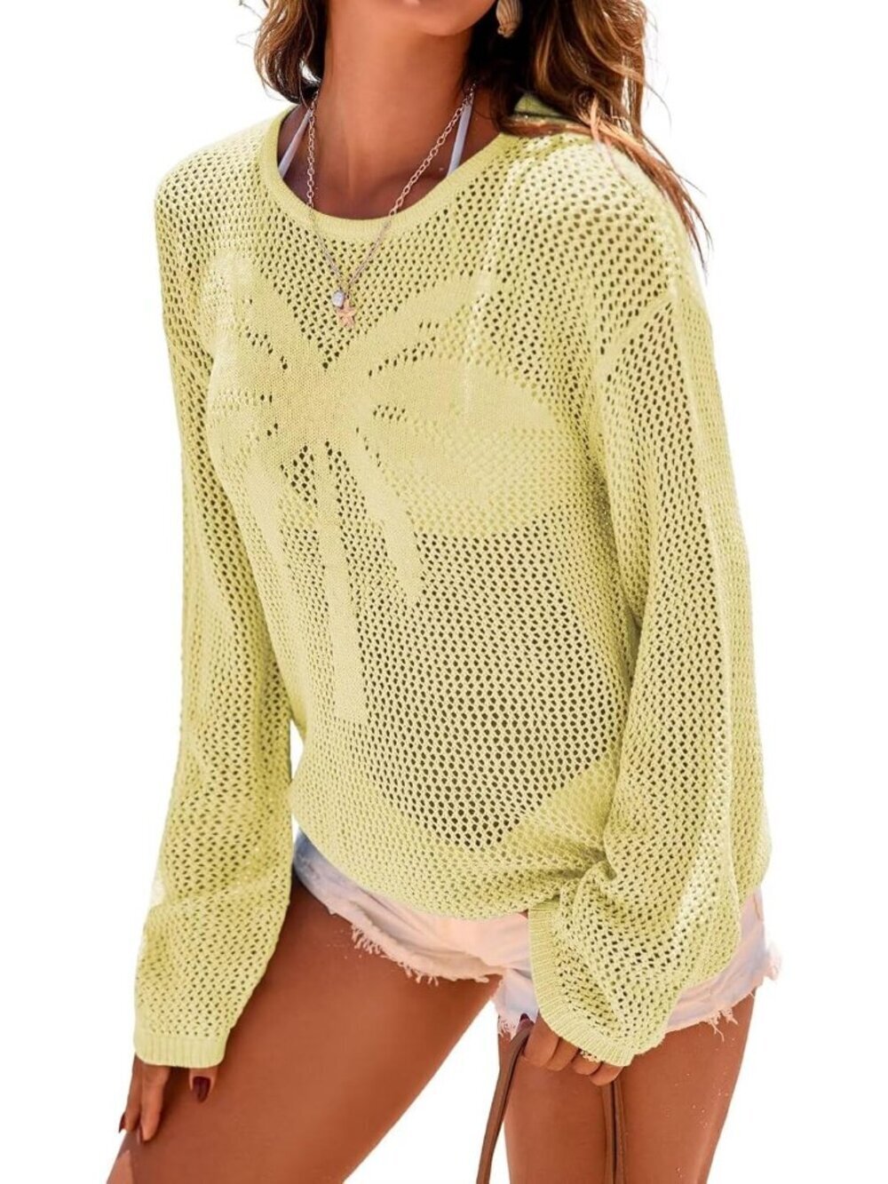 Women's Yellow Hollow Long Sleeve Casual Crewneck Pullover Shirt Beach Cover Up